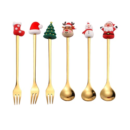 Bothyi Stainless Steel Christmas Coffee Spoon and Xmas Dinner Forks Set Dessert Spoon Stirring Spoon, Cake Forks Gifts, Gold 6Pcs