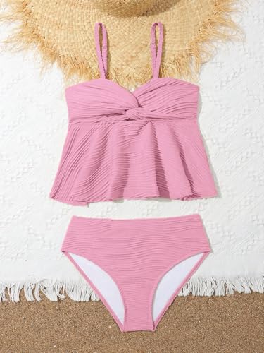 Image of OYOANGLE Girl's 2 Piece Tankini Swimsuit Textured Twist Front Ruched Ruffle Bikini Set Bathing Suits