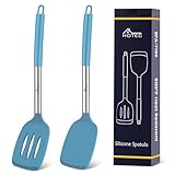 HOTEC Juego de espátulas de cocina ranuradas de silicona resistente al calor, utensilios de cocina antiadherentes, sin BPA, color azul