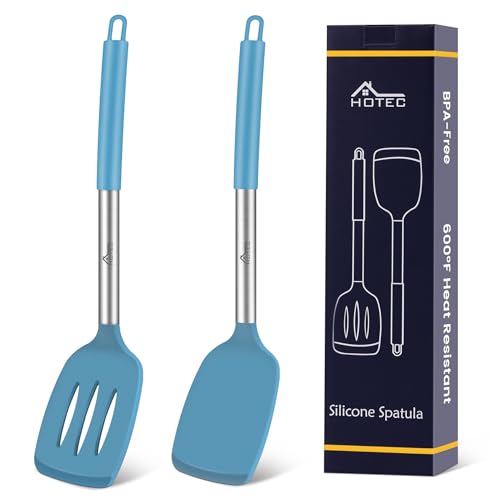 HOTEC Silicone Spatula Set of 2 Heat-Resistant 600°F & BPA-Free Kitchen SaptulaTurner with Stainless Steel Handles, Slotted & Solid Spatulas for Nonstick Cookware, 13.7 Inch, Blue