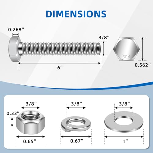 Image of Mellewell 3 /8-16 x 6 Hex Head Bolts with Hex Nuts and Thick Flat & Lock Washers, Fully Threaded, Stainless Steel 18-8, Plain Finish, 4 Sets