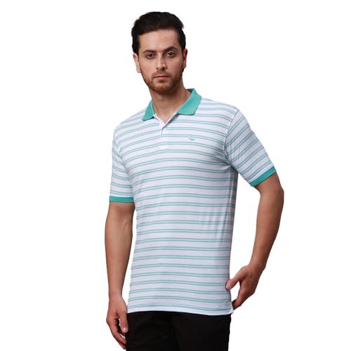 Image of Park Avenue Men's Cotton Polyester Blend Stripe Pattern Slim Fit Rib Collar Polo Neck Half Sleeve Casual T-Shirt