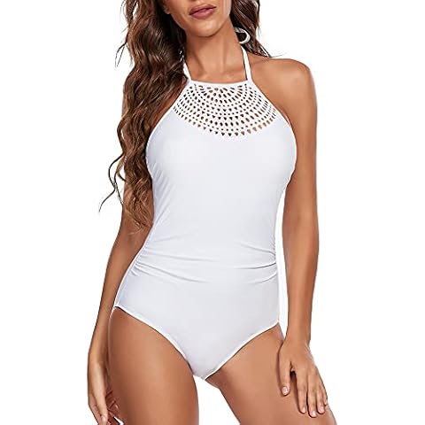 Dixperfect Women's Laser Cut High Neck One Piece Swimsuit Halter Tommy Control Bathing Suit - White - X-Large Cover