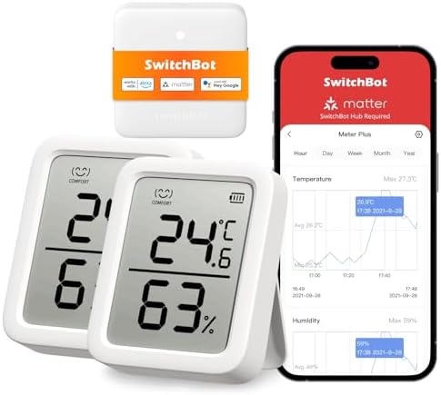 SwitchBot Thermometer Hygrometer Innen 2 Pack with Hub Mini Matter, Bluetooth Hygrometer Digital Temperatur Feuchtigkeit Sensor mit APP & Datenspeicherung, Taupunkt/VPD/Absolute Fe