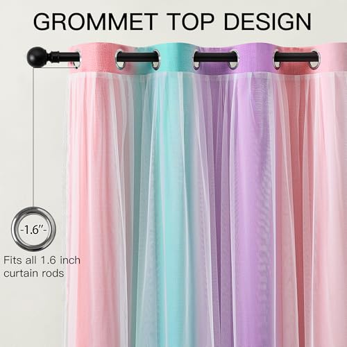 Image of XiDi Double Layer Curtains for Nursery Girls Bedroom 84 Inches Long Full Blackout for Kids Princess Room Colorful Rainbow Design Unicorn Wall Decor Ombre Pink Purple Green Curtains W52 X L84 2 Panels