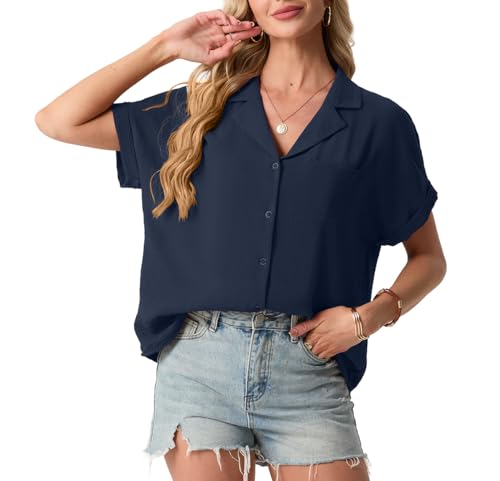 Mintreus Short Sleeve Button Up Women Shirts Cute Low Neck Summer Loose Tops for Women (Navy Blue-XL)