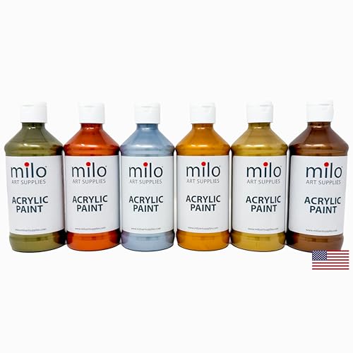 Image of milo Metallic Acrylic Paint Set, 6 Metallic Colors, 8 oz Bottles | Safe and AP Non-Toxic, Made in the USA, Arts & Crafts Paints for Artists, Student & Hobby Painters, Paint Pack, Multi-Media