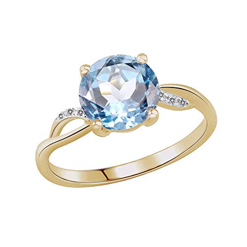 Diamond Blue Topaz Yellow Gold Ring - 0.01 Carat 14K Yellow Gold Ring with White Diamond and 1.54 Carat Blue Topaz Gold Statement Ring (6.5)