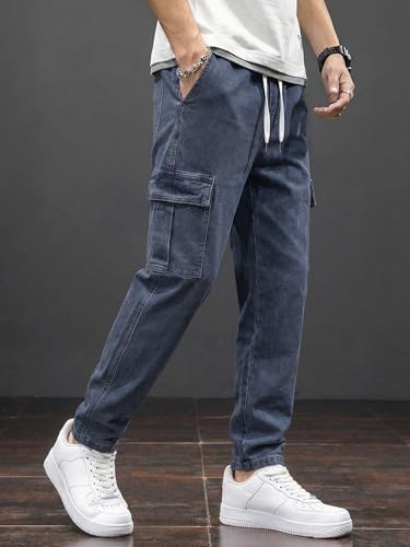 Image of JMIERR Men's Elastic Waist Cargo Jeans Stretch Denim Pants with Drawstring Relaxed Fit for Casual Daily Wear