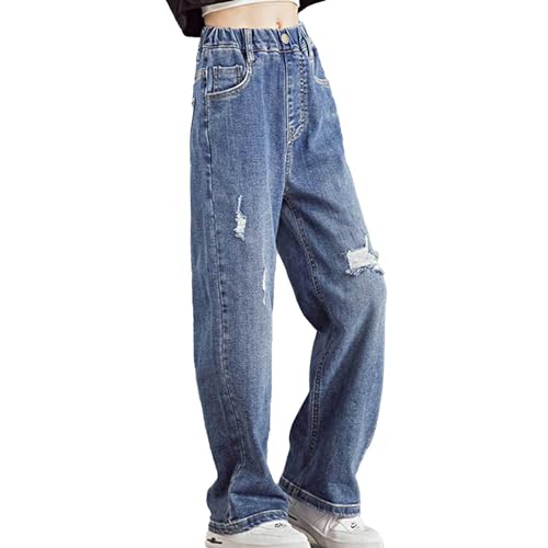 Kids Girls Ripped Distressed Washed Jeans High Waisted Straight Baggy Wide Leg Denim Pants Casual Wear4