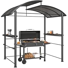 Outsunny 8 x 5 Grill Gazebo Shelter with Interlaced Vented Polycarbonate Roof, Outdoor BBQ Canopy with Side Shelves, Steel Frame for Garden, Patio, Backyard, Dark Gray