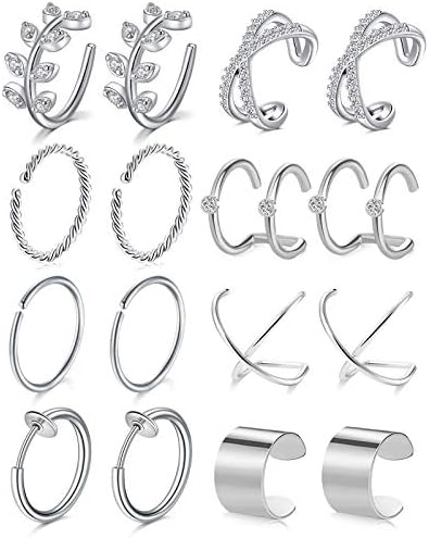 Longita Fake Earrings Ear Cuff Earrings for Women Non Piercing Ear Clip On Fake Cartilage Earring Hoop Crossed Conch Helix Hoop Earrings Fake Cartilage Silver