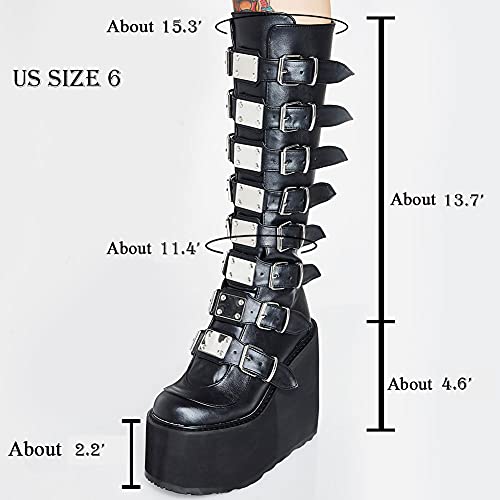 Womens Chunky Platform Knee High Boots High Heel Round-Toe Zip Punk Goth Mid Calf Combat Boots For Women