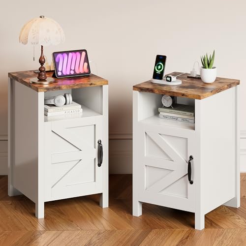 MXV Farmhouse Nightstands with Charging Station, End Tables Set of 2 with Barn Door, Sofa Side Table with Storage Space for Bedroom, Living Room (White) by MXV - Used condition - US$80.74