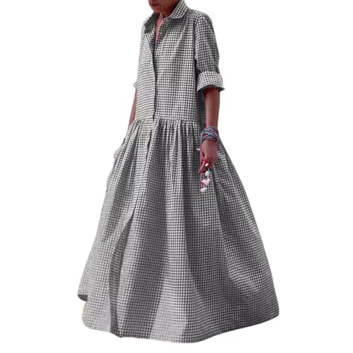 chouyatou Women's Retro Plaid Button Down Maxi Shirt Dress Long Sleeve Button Up Gingham Swing Long Dress
