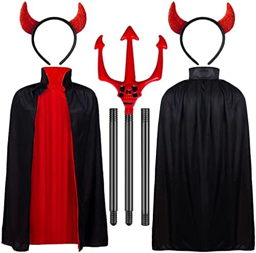 LZAOA Halloween Devil Vampire Costume Set, Vampire Trident Cape Reversible Red Black Cloak Devil Horns Headband Red Shiny Halloween Headband for Halloween（Children's sets）