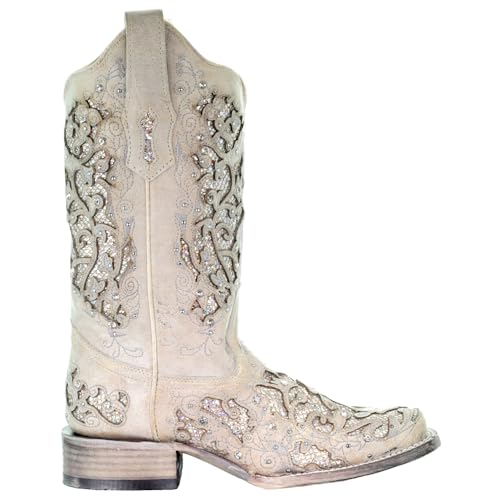 Corral Boots Women's Ld Embroidery Decorated 11.5in Shaft Square Toe Leather Western Boot, White/White, 9 Wide