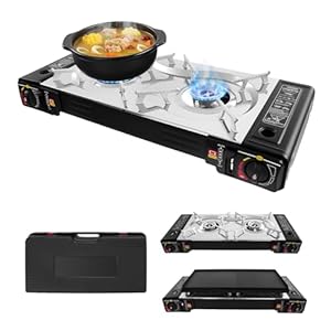 TONFEION Camping Gaskocher 2-Flammig mit Grillplatte & Tragetasche, Outdoor Campingkocher 2100-2500W Gas Stove, Tragbarer Gasherd Camping, Überdruckschutz, für Töpfe bis 34cm