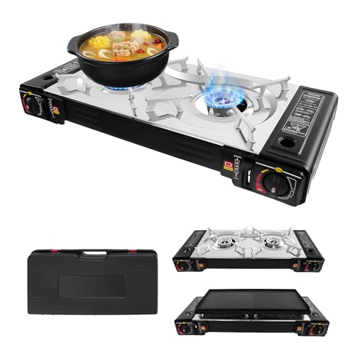 TONFEION Réchaud à gaz de camping à 2 brûleurs avec plaque de cuisson et cartouche de gaz, réchaud de camping d'extérieur 2100-2500 W, cuisinière à gaz portable, protection contre la surpression, pour