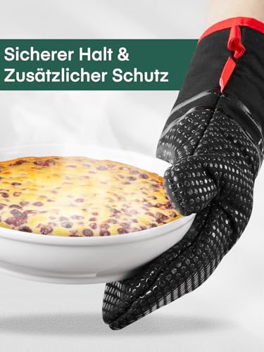 Ofenhandschuhe, hitzebeständige Küchenhandschuhe 300 °C, rutschfeste Silikon-Oberfläche, extra lang, flexibel, Dicke Handschuhe für Küche, Kochen, Backen, Grillen, Rot