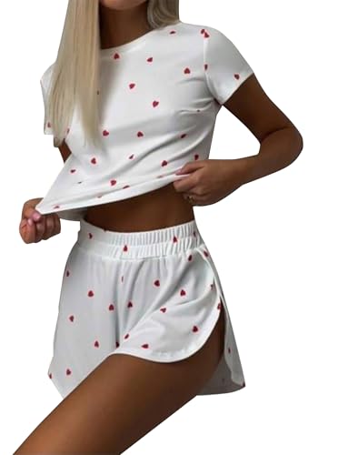 Image of Remidoo Womens Split Short Pajama Set Striped Tee Shirts and Shorts Slit Pajamas Pj Sets White Large