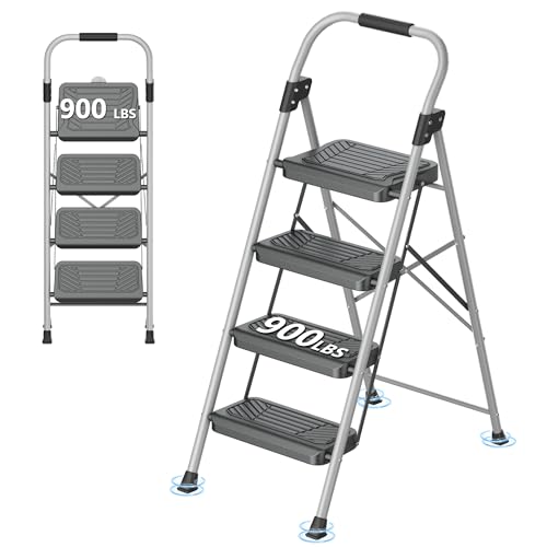 DIAMONDFORGE 4 Step Ladder, Folding Step Stool with Anti-Slip Wide Pedal, Soft Handle, Anti-Slip Feet, Sturdiest Steel Construction, 900lbs Capacity Steel Ladder for Home and Office, GrayBlack