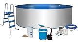  Pool Komfort Rundform Ø 5m x 1,2m Stahlwand 0,6mm Folie blau 0,8mm Keilbiese Stahlleiter 2 x 3 Stufen mit Plattform Sandfilteranlage Flow 4 mit 4,0m³/h Quarzfiltersand 25 KG 0,7 bis 1,2 Körnung Schlauchanschluss Set mit Schlauchschellen