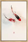 NWT Framed Canvas Print Wall Art Asian Style Watercolor Koi Fish in Water Amphibians Ocean Illustrations Modern Art Rustic Scenic Colorful Pastel for Living Room, Bedroom, Office - 16'x24' Natural