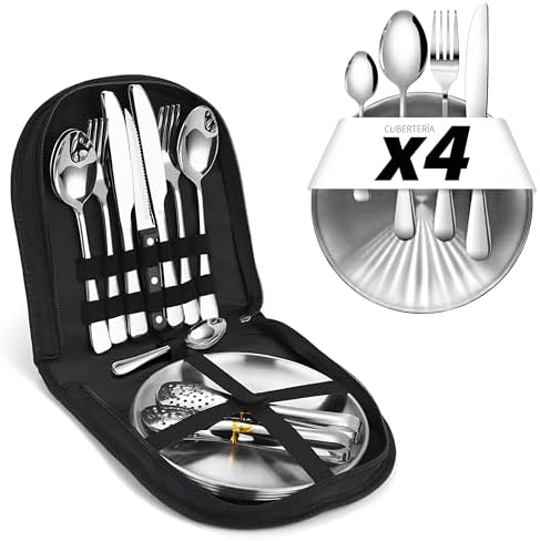 [Cubertería 23 piezas] Juego de cubiertos de acampada para 4 personas – Vajilla de camping con tenedores, cuchillos, cucharas y platos. Ideal para ext...