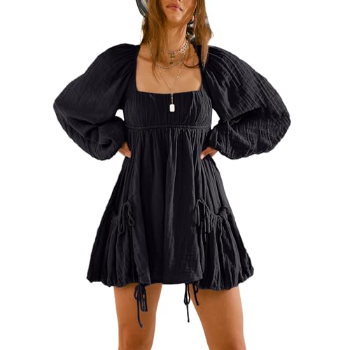 Image of Shiyifa Women's Summer Mini Dress Casual Square Neck Long Sleeves Loose Sundress with Pockets