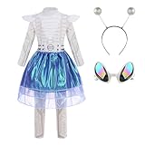 AGCOAH Girls Alien Costume Kids Cosmic Galaxy Robot Outfit 4PCS Set with Alien Antenna for Headband Children Halloween Cosplay Dress Up L(8-10Y)