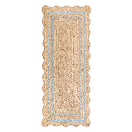 Weaving Village Wave Scalloped Natural Jute Runner, Sky Blue (2'x6'):