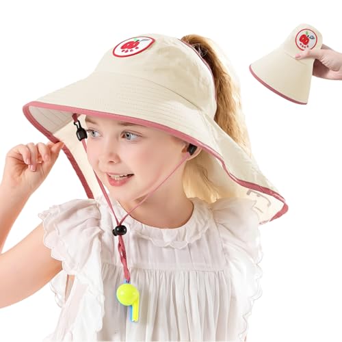 Image of SNOWIE SOFT Wide Brim Sun Hat for Kids Girls with Neck Flap Shawl, UPF 50+ Adjustable Chin Strap Sun Protection Hat for Girls 2-10 Years Old, Summer Breathable Sun Visor Hat Windproof Beach Hat