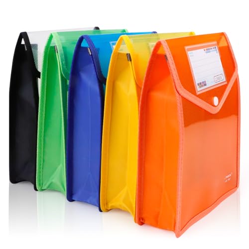 QZDAFFIC 5 Pack A5 Plastic Wallet Folders, Document Wallets with Snap Button and Card Slot, Document Folder Paperwork Organiser Stationery Supplies for School Office