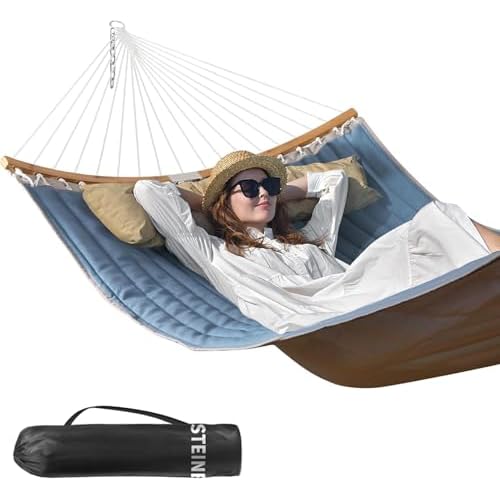 Double Hammock, 11 FT Quilted Fabric 2 Person Hammock for Outside with Pillow, Folding Curved Spreader Bar, Chains, Carrying Bag, Indoor Outdoor, 450 IB Capacity, JeansBlue