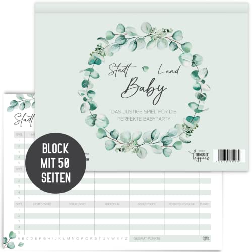 Things of Happiness Stadt Land Baby | Babyparty Babyshower Spiel | Gender Reveal Party Quiz | Block 50 Blatt Din-A4 Format | Geschenk Schwangerschaft Junge oder Mädchen | Boho Eucalyptus Design Cover