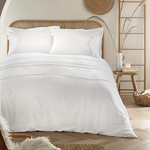 Image of Appletree Loft - Tabitha Tasselled Bedding - Relaxed Cotton Frilly Boho Duvet Cover Set - Double, White