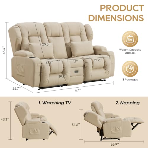 Image of IPKIG 67 inch RV Loveseat Double Recliner Sofa with FILP Back Console, Storage Drawer, Side Pockets, Lychee Pattern Tech Fabric Manual Reclining Chair Home Theater Seating (Beige)