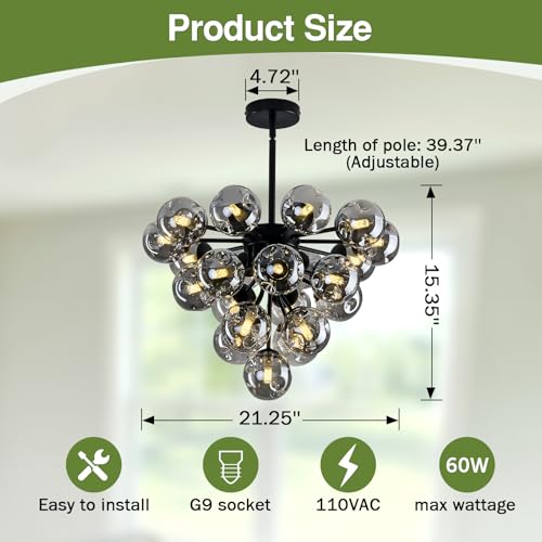Image of Black Modern Glass Globe Chandelier Mid Century 21-Light Pendant Lights Bubble Sputnik Ceiling Light Fixture for Dining Room Farmhouse Kitchen Living Room Bedroom Office.
