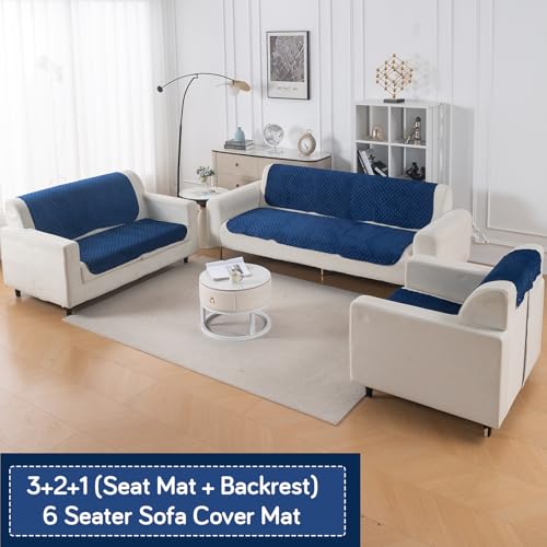 Image of HOKIPO Quilted Sofa Cover 6 Seater Set - Washable 3+2+1 Sofa Panel for Seat & Back | 'Quilt Classic' Navy Blue (IN-927+926+925 * 2-NBL)