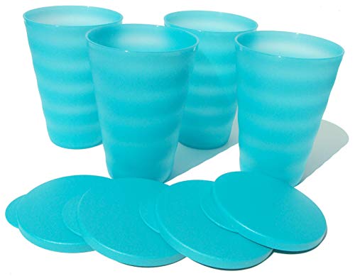 Tupperware 16 Oz Impressions Set of 4 Tumblers Flat Seals Aqua Blue