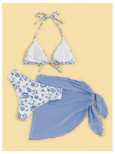 SHENHE Women's 3 Piece Floral Bikini Set with Wrap Coverup Halter Triangle Swimsuits2