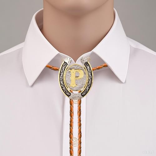 Image of Bolo tie for Men Western Cowboy Brown Leather Necktie Gold Initial Letter ABCDJMR to Z Bolo ties for Women