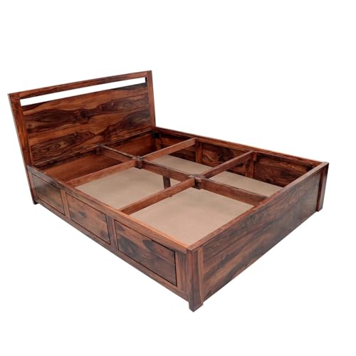 Image of Ganpati Arts Solid Sheesham Wood Jaipur Queen Size Bed with Box Storage | Wooden Double Bed Cot Palang Furniture for Bedroom Living Room Home and Hotel (Natural Finish) 1 Year Warranty