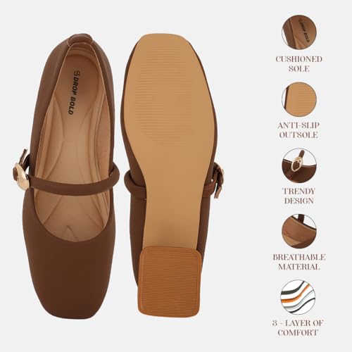 Image of DROP BOLD Khaki Square Toe Mary Jane Block Heel Show For Women & Girls