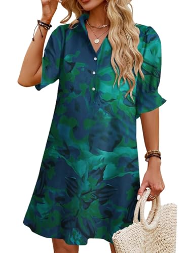 Image of Womens Summer Shirt Mini Dresses 2026 Beach | Flowy Shift Dress, Button V Neck, Polo Collar, Ruffle Short Sleeve, Floral Boho Style, Casual Vacation Outfits with Pockets