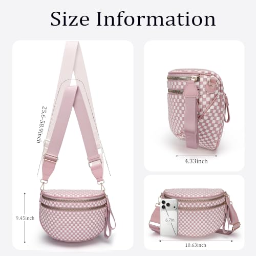 AMZFROG Checkered Woven Cross body Bum Bags for Women Trendy Casual Chest Bag Sling Bags Genuine Leather Fanny Packs Adjustable Strap Large Waist Bag for Outdoor Travel Pink White — view 3
