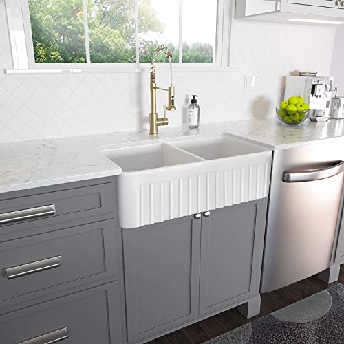 Horow 33-Inch Farmhouse Ceramic Kitchen Sink, Apron-Front White Fireclay Porcelain Reversible Double Bowl Farm Sinks Basin With Strainers & Bottom Grids #TOP2