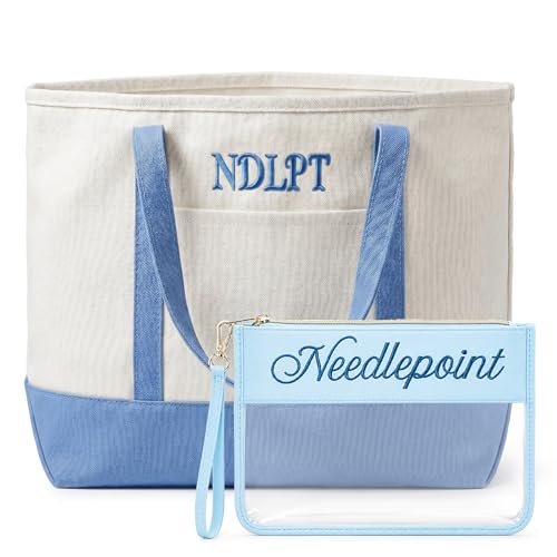 Shinylin 2 Pcs Needlepoint Project Bag Sewing Gift Embroidery Bag with Clear Window Craft Organizer Tote NDLPT Pouch Large Capacity Art Storage Caddy for Quilter Stitching Knitting Art Supply(Blue)