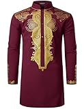 LucMatton Men's African Traditional Dashiki Luxury Metallic Gold Printed Mid Long Wedding Shirt Burgundy X-Large